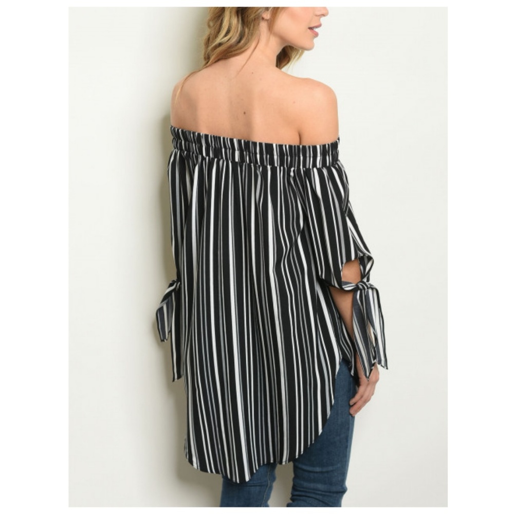 🌿Off Shoulder Tunic Top Tie Sleeves Black Stripe